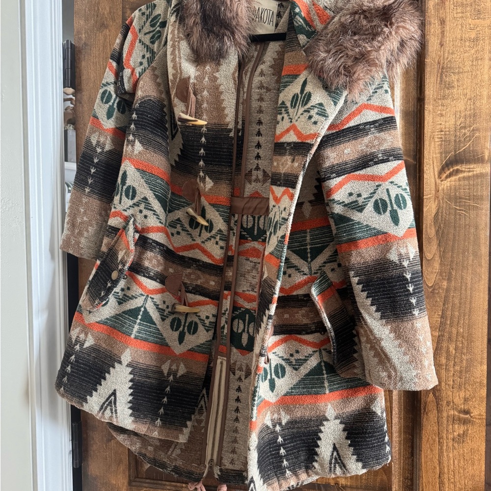 BB Dakota Multicolor Aztec Cape with Faux Fur Collar